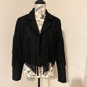 Black faux suede fringe jacket